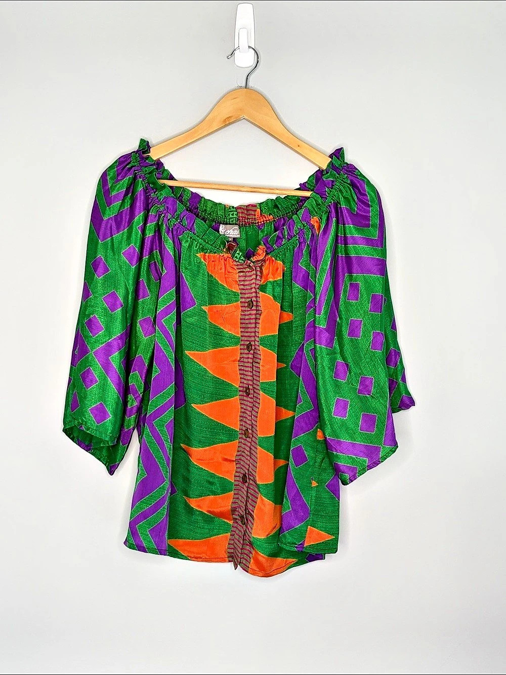 Chai Geometric Blouse in Green & Purple Size S/M